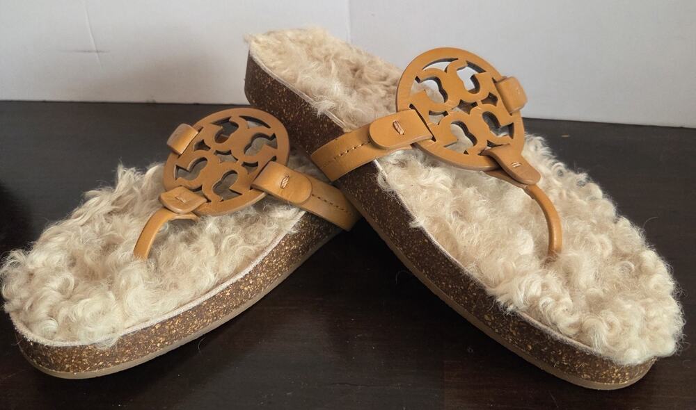 TORY BURCH Miller Cloud Shearling Sandal in Caramel Corn Sz 8 $268 Retail
